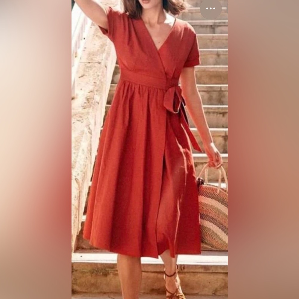 Sézane Marielle true wrap dress, terracotta (deep rust), linen cotton FR 34